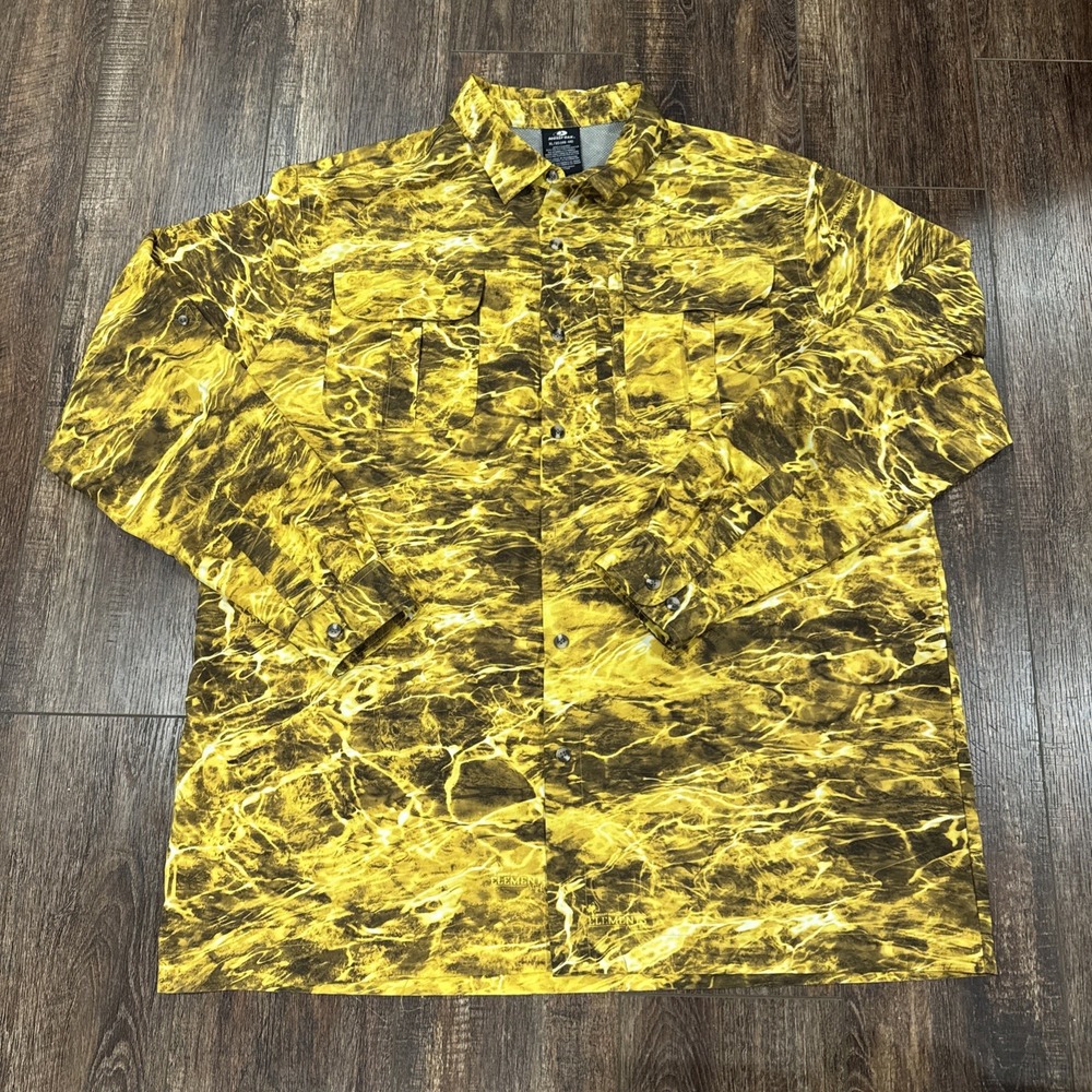 Mossy Oak Shirt Mens Large XL Yellow Elements Agua Fishing Vented Comfort 46-48
